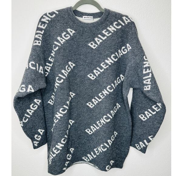 Balenciaga Dark Gray Long Sleeve White Logo'd Crew Neck Sweater L - Picture 7 of 15